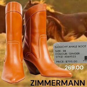 ZIMMERMAN WOMENS SLOUCHY ANKLE BOOT SIZE 38/7.5 GINGER/TAN STY-4069S23 REAR ZIP